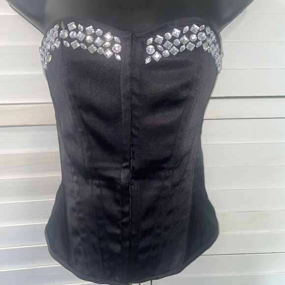 Charlotte Russe Black Satin Rhinestone Strapless Bustier Corset Sz S - Picture 1 of 7